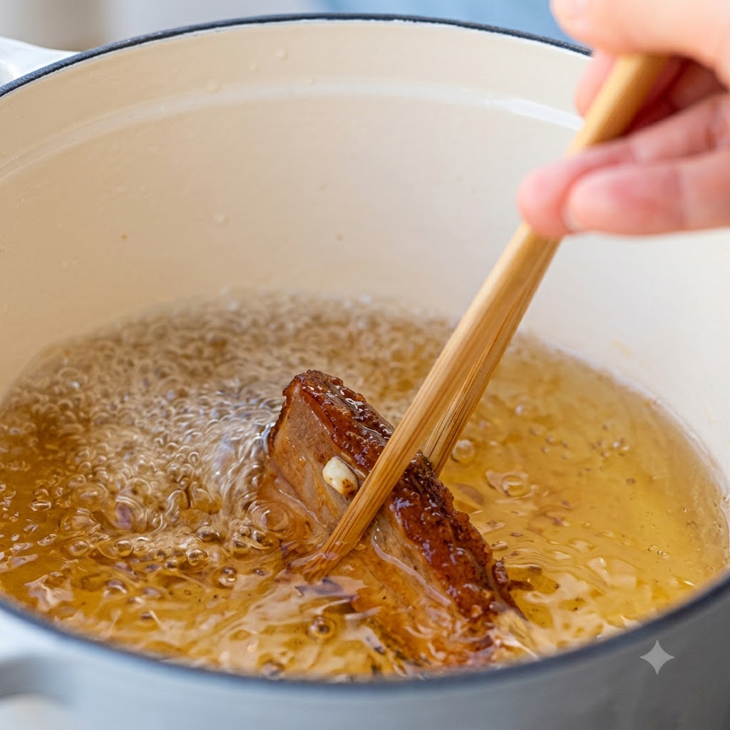 Côtes de porc en train de frire dans de lhuile de cuisson chaude à lintérieur dun wok tout en étant remuées avec des baguettes en bois.