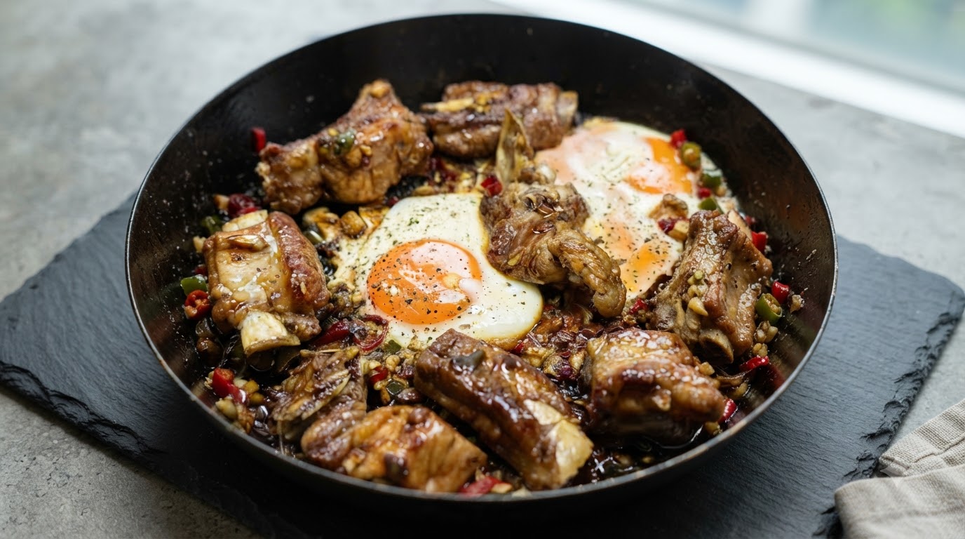 Travers de Porc Laqués au Miel et à l'Ail avec Œufs au Plat