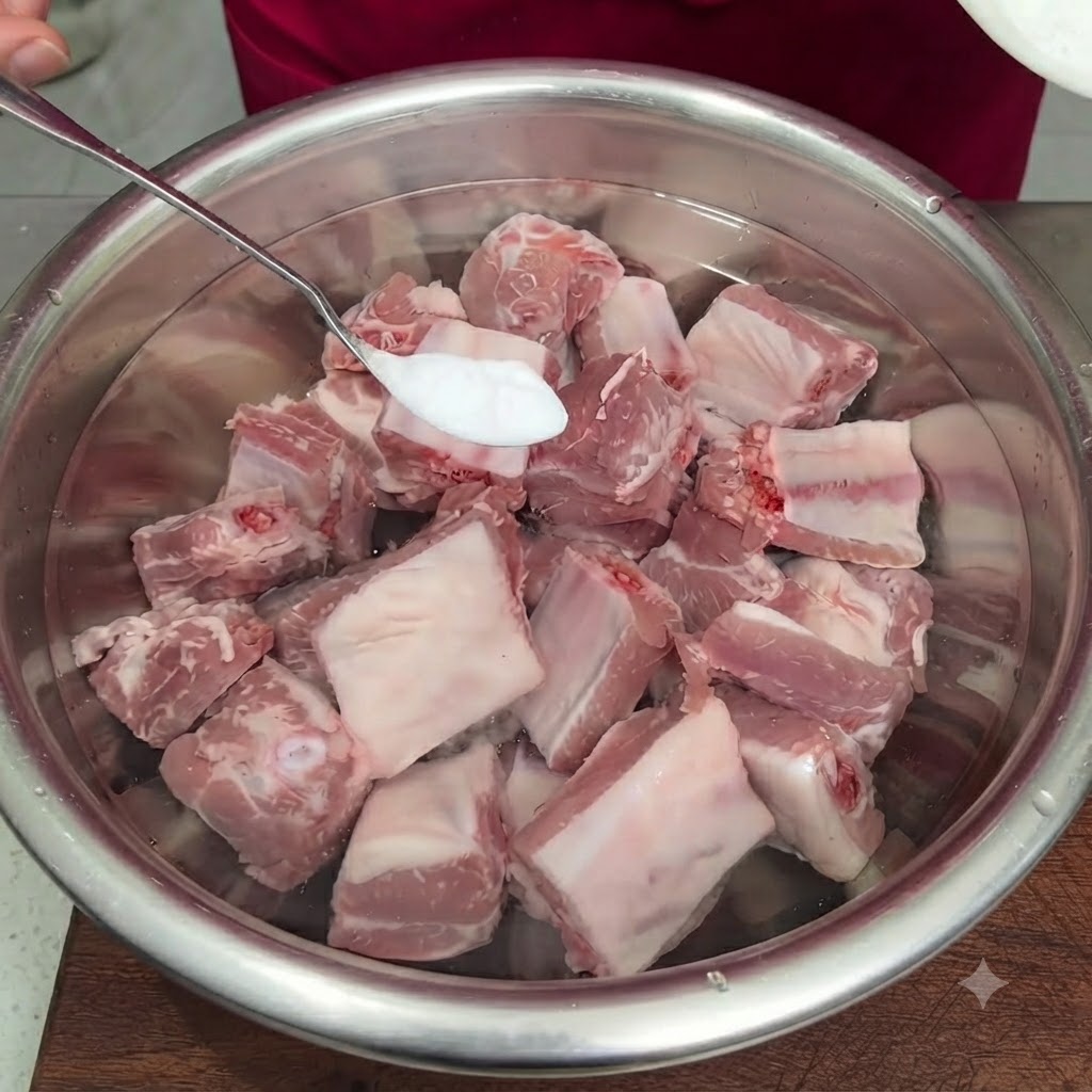 Une cuillère de bicarbonate de soude blanc ajoutée aux côtes de porc crues trempant dans un bol deau en métal.