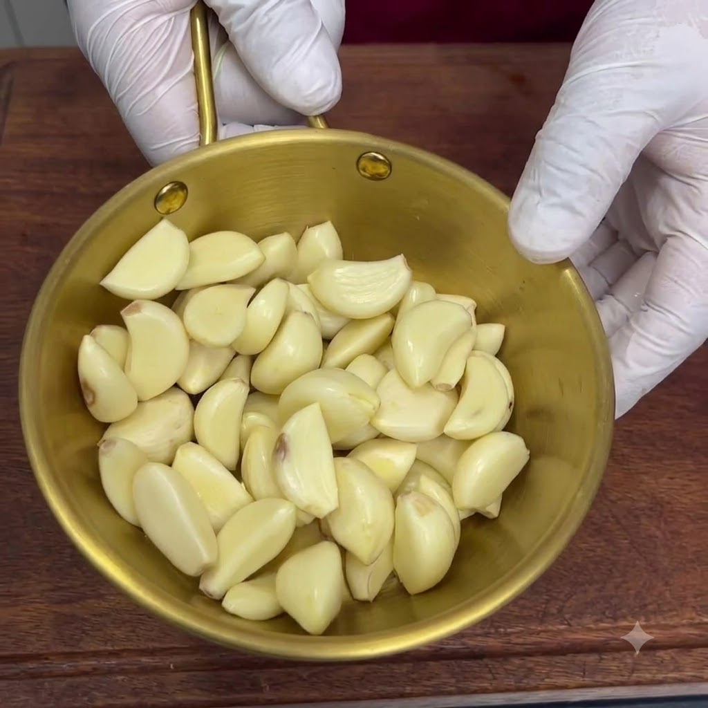 Gousses dail épluchées chargées dans un hachoir pour être mixées.