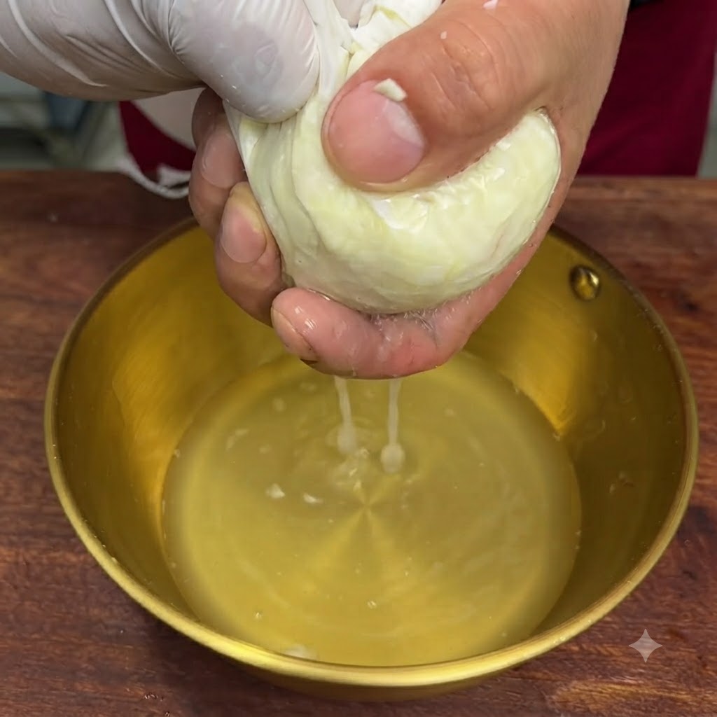 Des mains pressant fermement un sac filtrant blanc pour extraire des gouttes de jus dail dans un bol en laiton.