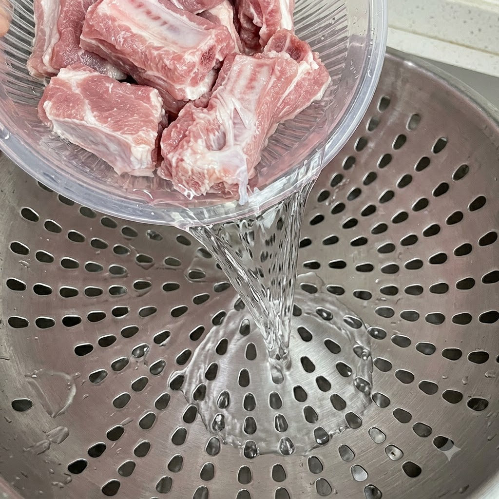 Côtes de porc crues pâles lavées ségouttant dans une passoire.