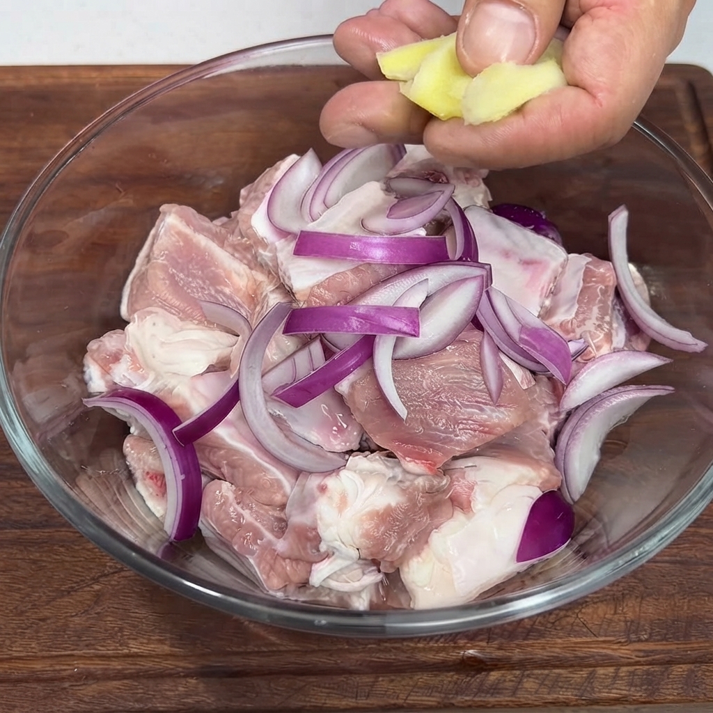 Une personne plaçant des tranches de gingembre dans un bol en verre rempli de côtes de porc crues hachées et doignons rouges tranchés.