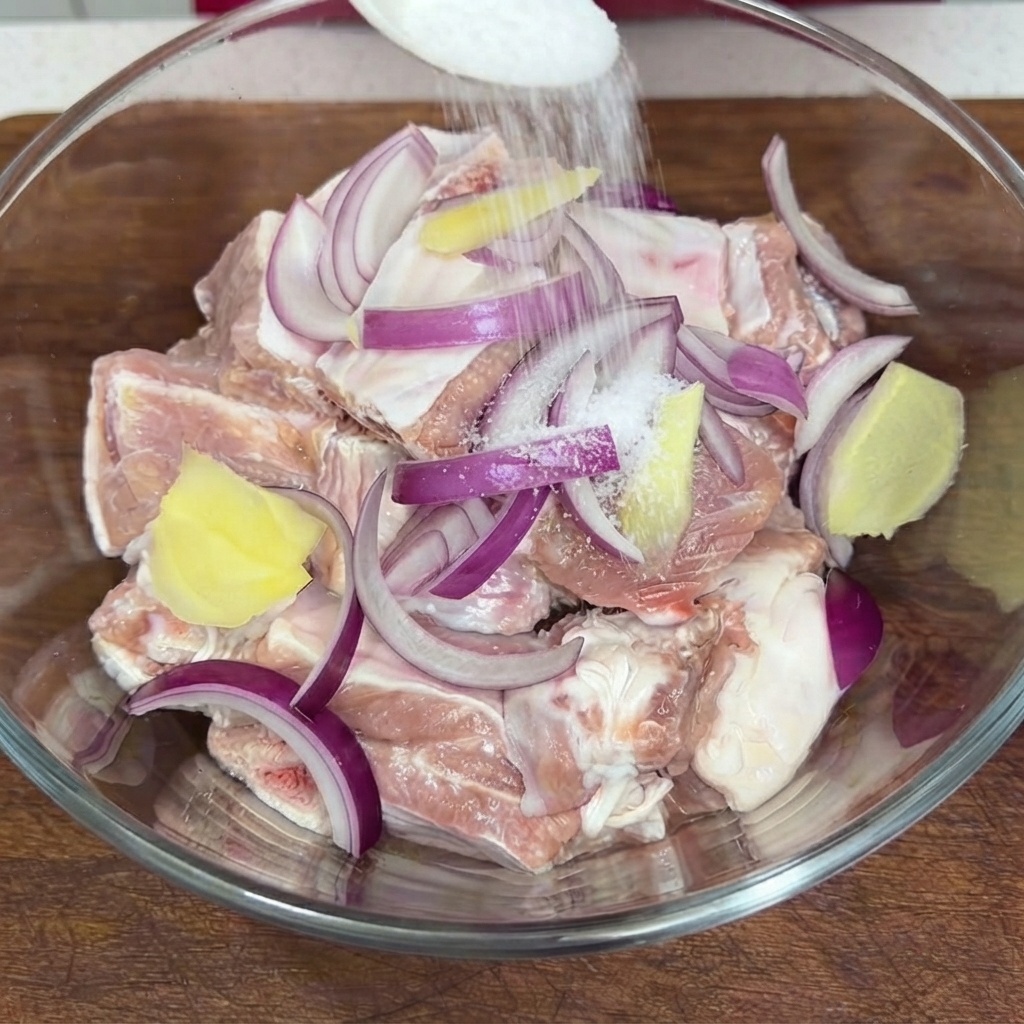 Une cuillère de sel blanc saupoudrée par-dessus les côtes de porc crues et les oignons rouges dans un bol en verre.