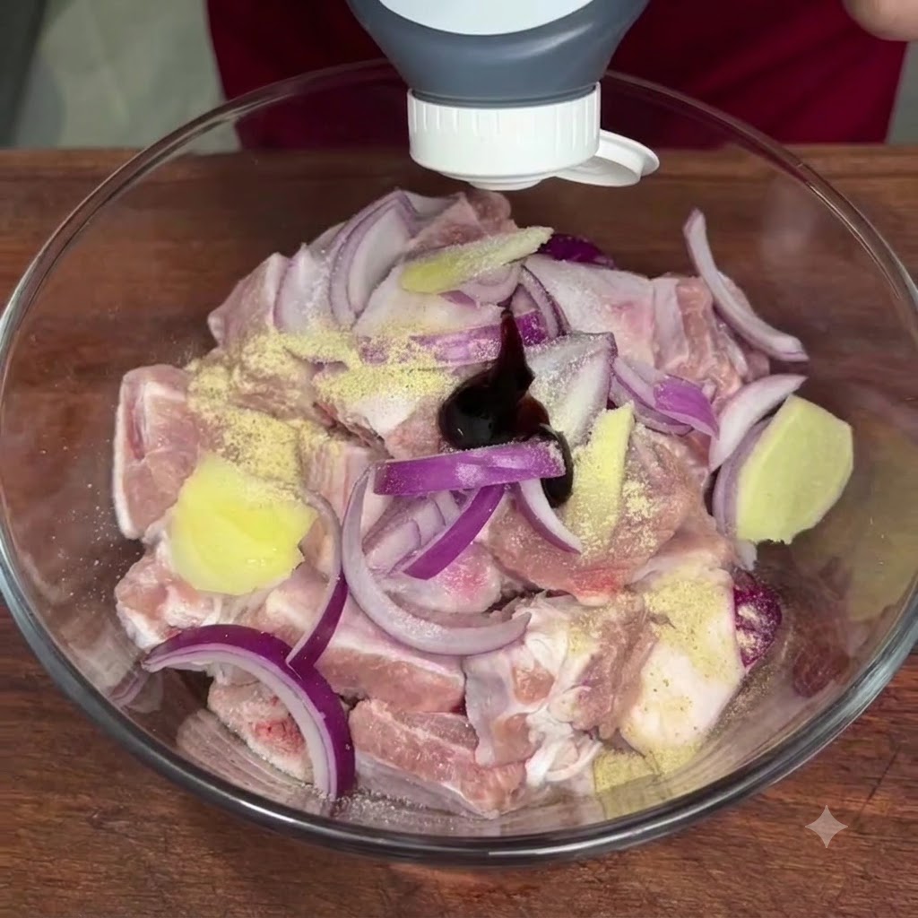 Sauce huître versée dune bouteille au centre des côtes de porc assaisonnées dans un bol en verre.