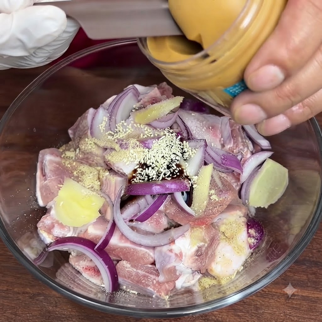 Une grande cuillère de beurre de cacahuète crémeux prélevée dun contenant dans le bol de côtes de porc marinées.