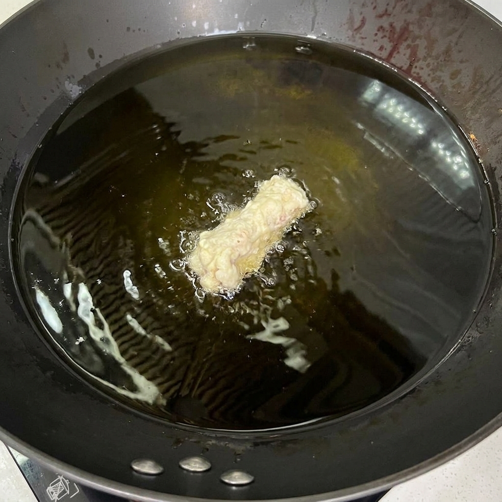 Une seule côte de porc enrobée abaissée dans de lhuile de cuisson chaude et frémissante dans un wok noir.