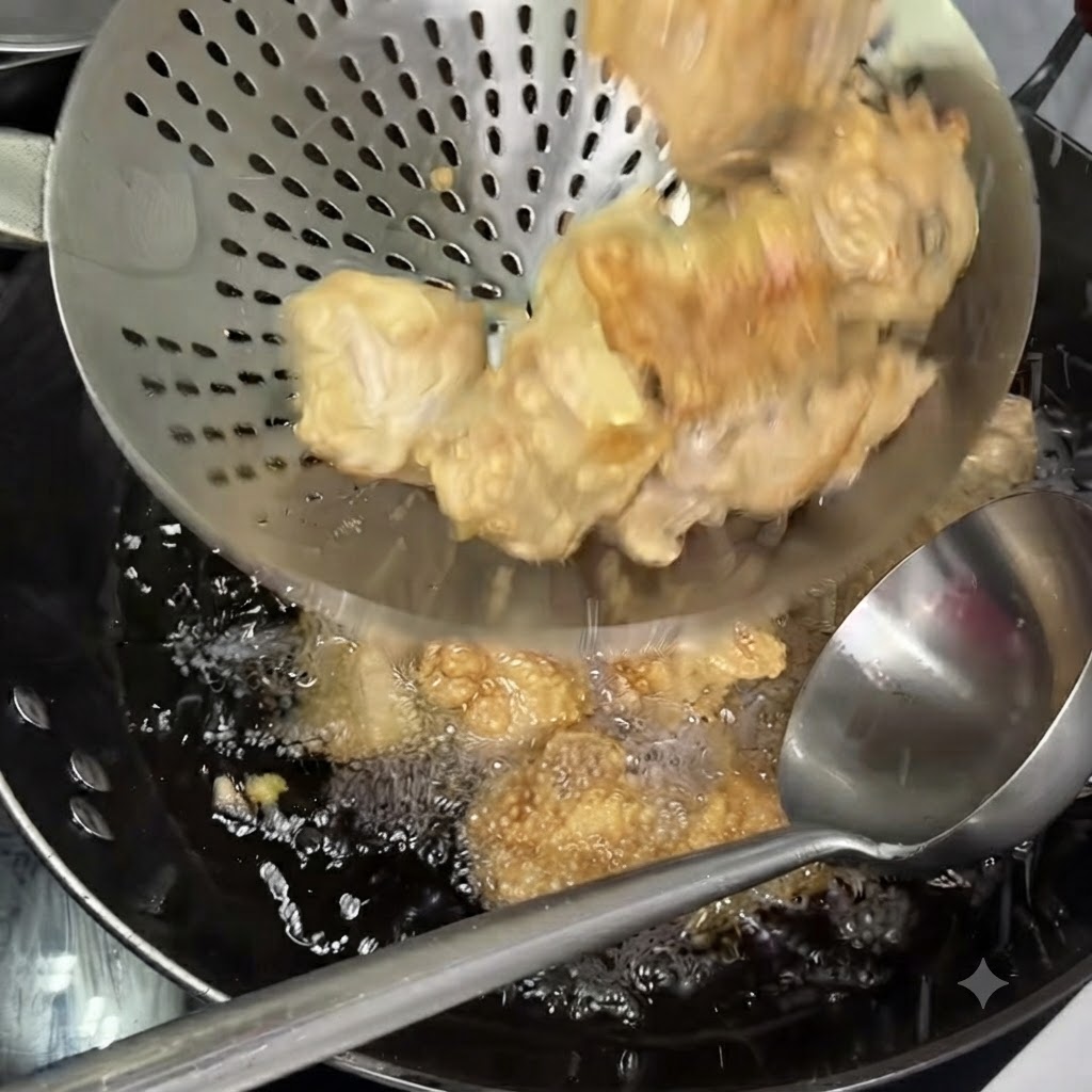 Une écumoire soulevant des côtes partiellement frites de lhuile chaude tandis quune autre louche repose dans le wok.