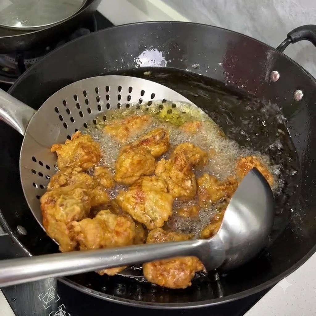 Une écumoire en métal soulevant des côtes frites dorées de lhuile bouillonnante dans un wok.