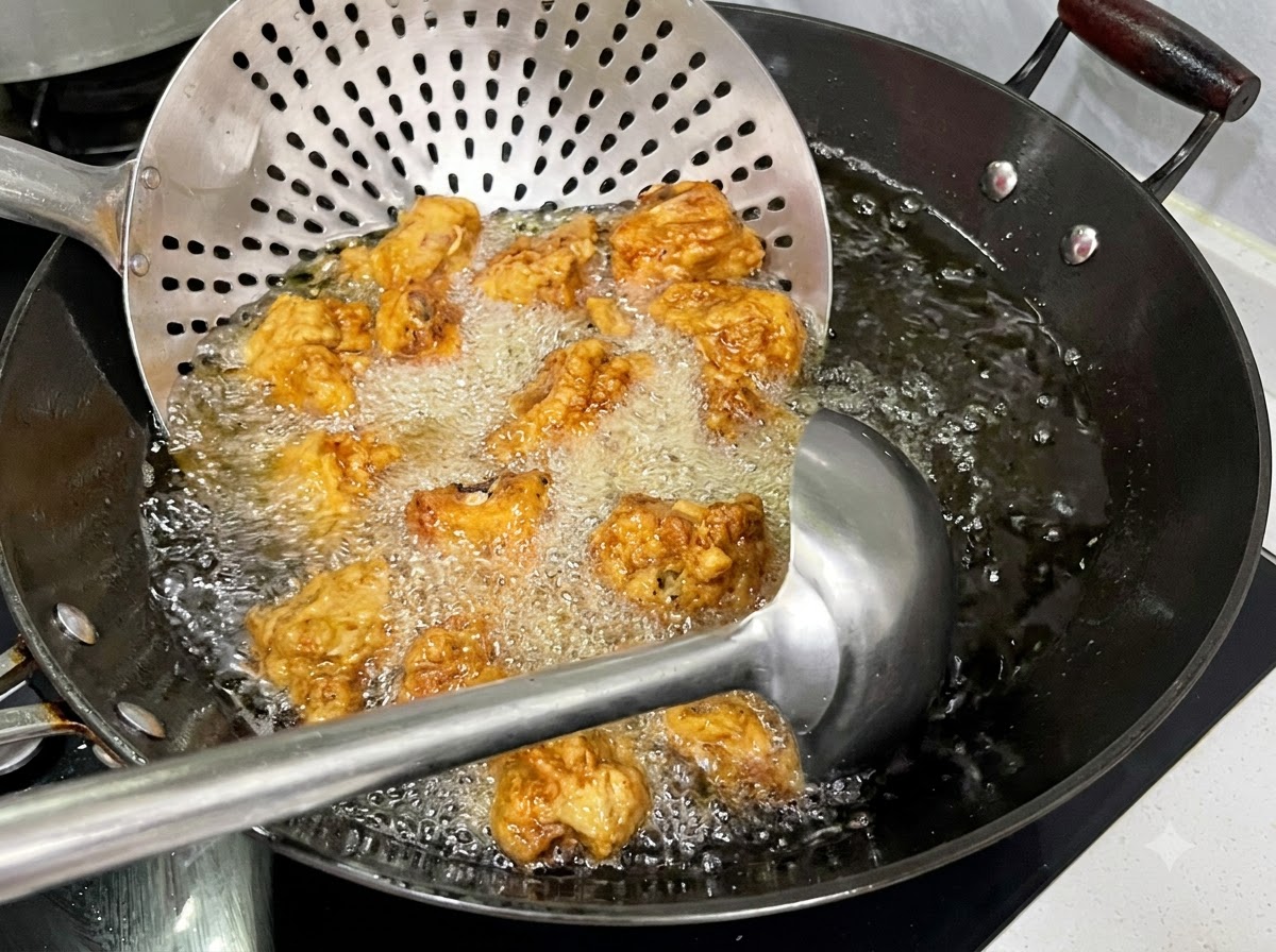 Une écumoire contenant des côtes frites dans de lhuile très chaude et bouillonnante dans un wok.