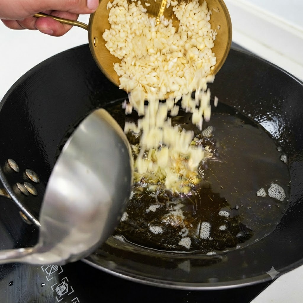 Une main versant de lail haché dune petite passoire en laiton dans un wok dhuile chaude.