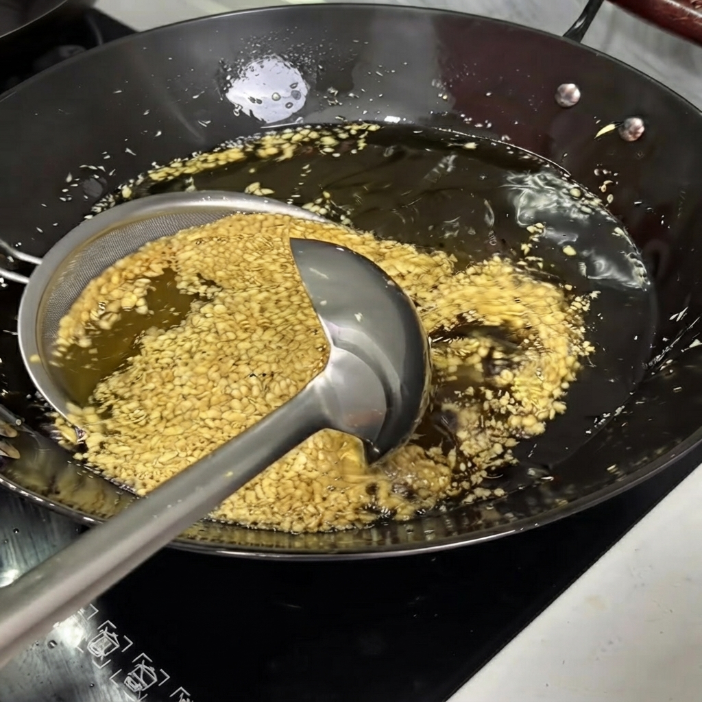 Une passoire à mailles fines récupérant lail frit doré dun wok rempli dhuile chaude.