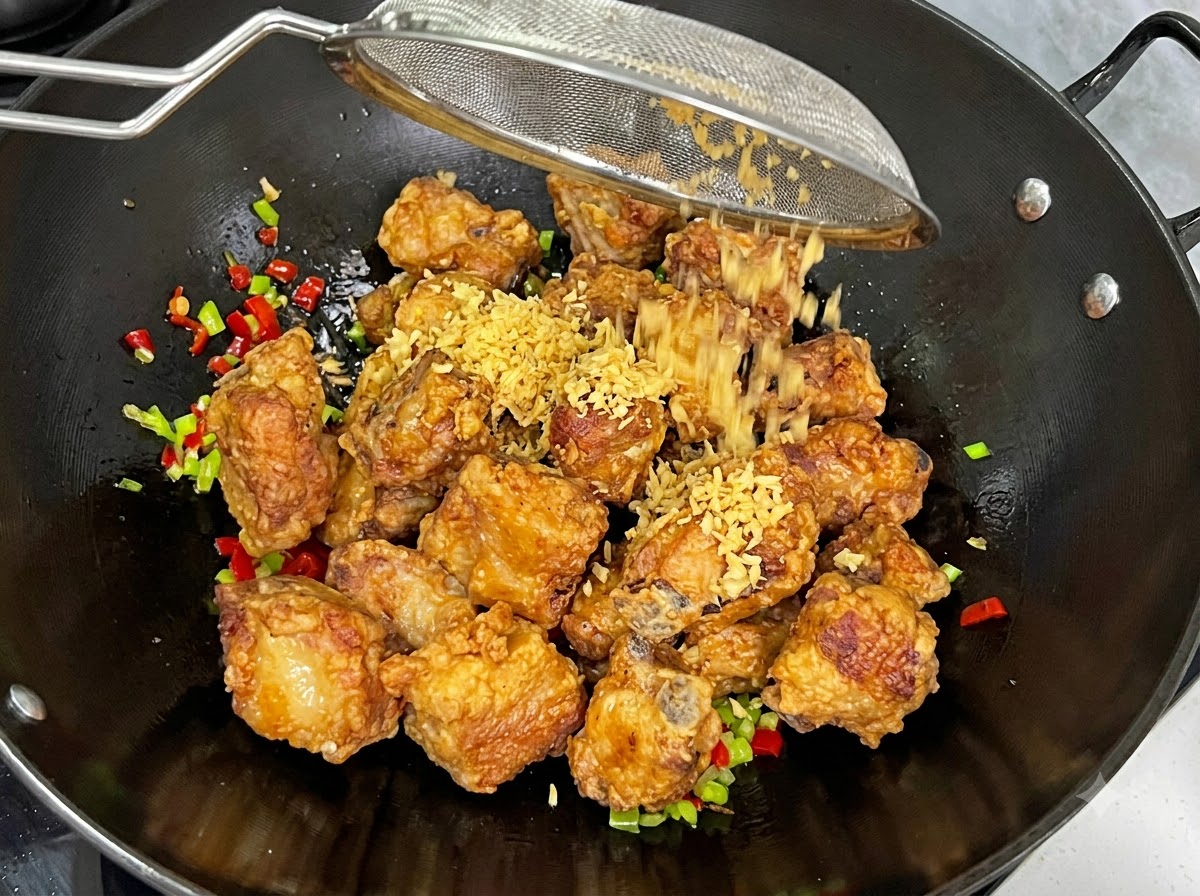 Ail émincé frit secoué dune passoire à mailles sur les côtes frites dans un wok.