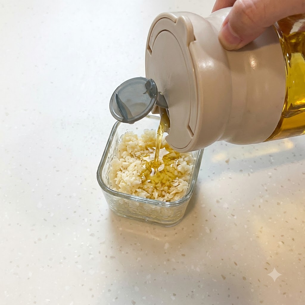 Huile de cuisson versée dun distributeur dans un petit récipient en verre rempli dail haché.