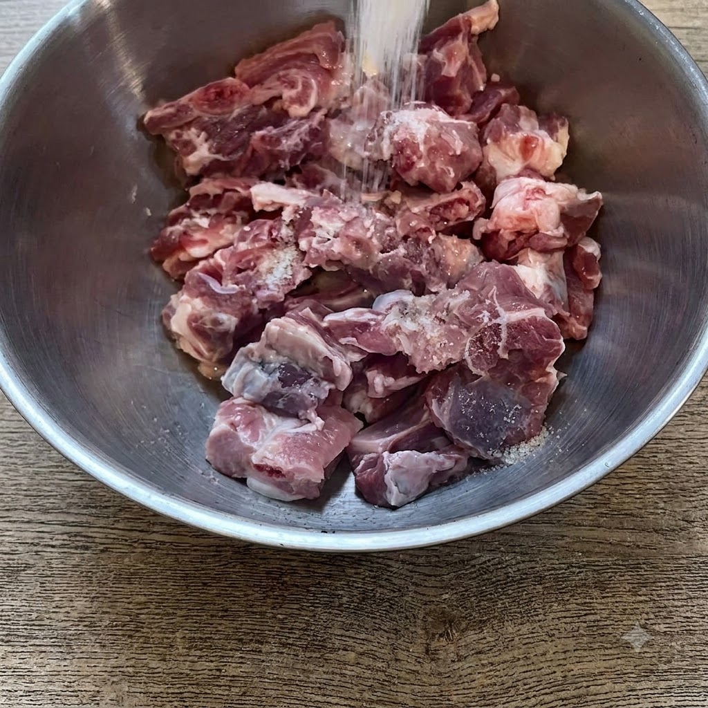 Sel et assaisonnements saupoudrés sur des morceaux de côtes de porc crues à lintérieur dun bol mélangeur en acier inoxydable.
