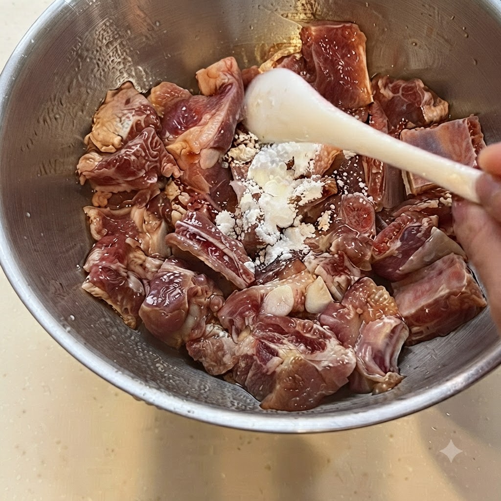 Une main gantée incorporant la fécule de maïs et les assaisonnements dans les côtes de porc crues à lintérieur dun bol en métal.