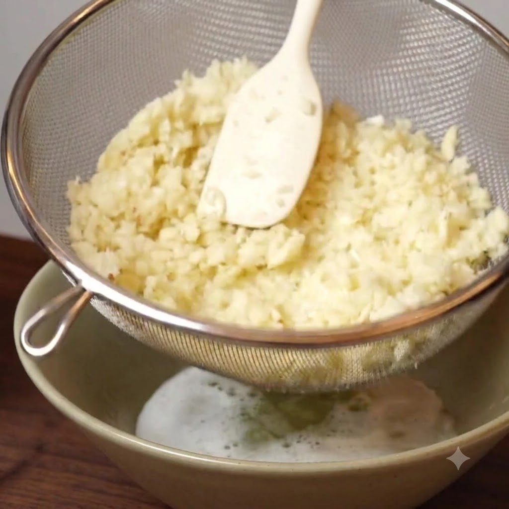 Pulpe dail mixée reposant dans un panier de tamis métallique au-dessus dun bol en céramique, pressée avec une spatule en silicone blanche.