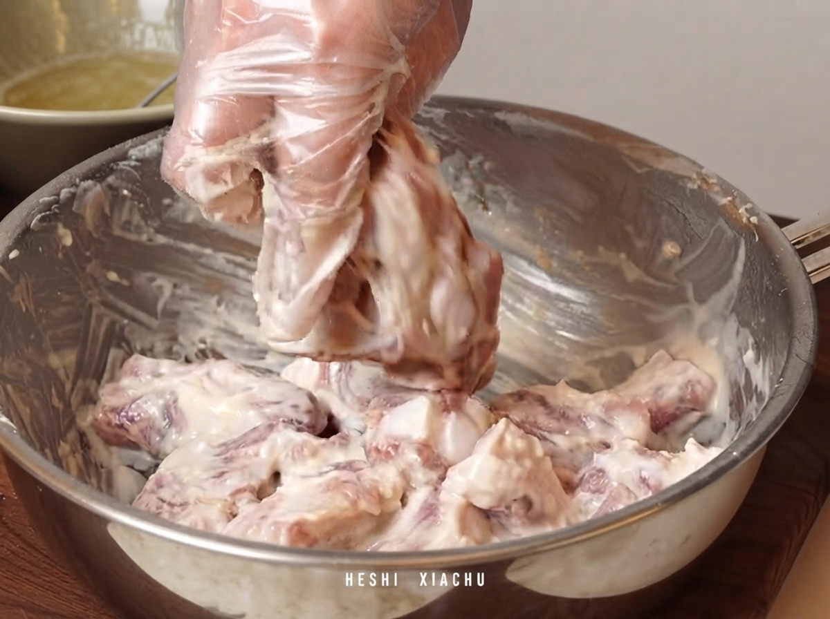 Une personne portant un gant en plastique transparent mélangeant et enrobant les travers de porc panés à lintérieur dun bol en métal.