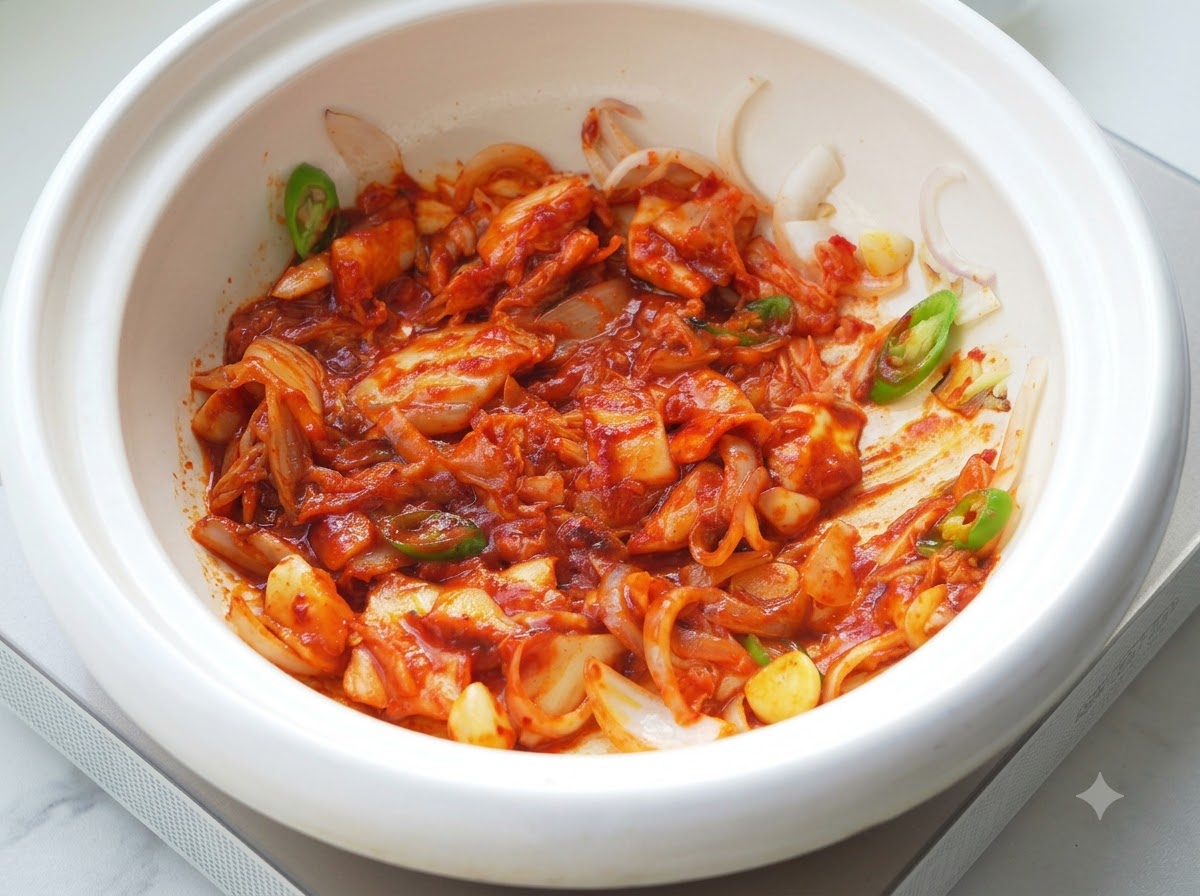 Base de ragoût rouge et épicée mélangée avec du kimchi et de la pâte en train de mijoter à lintérieur de la casserole.