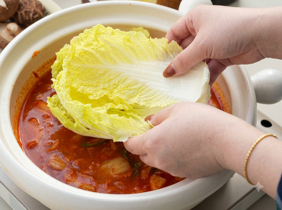 Mains plaçant des feuilles de chou chinois fraîches dans la base de soupe rouge bouillante.