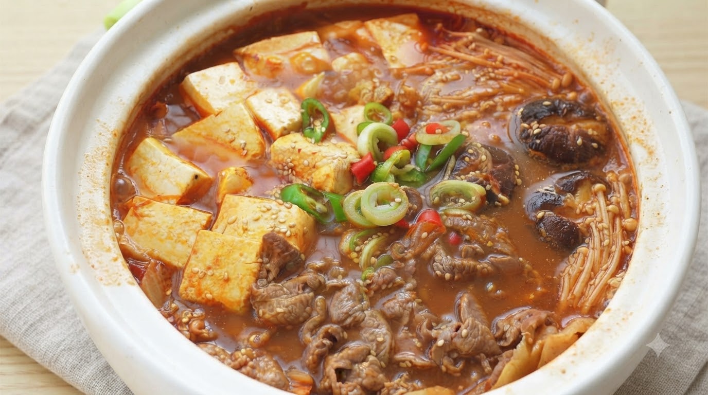 Une casserole bouillante de ragoût coréen de bœuf et tofu remplie de bœuf tendre, de cubes de tofu soyeux, de champignons et dun bouillon épicé rouge et vibrant.