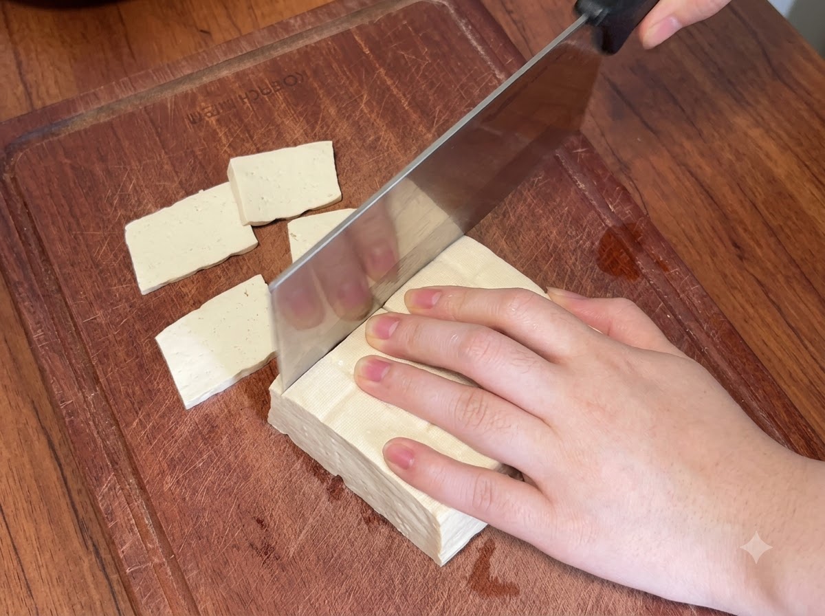 Une personne utilisant un grand couteau de cuisine pour couper un bloc de tofu blanc ferme en tranches rectangulaires régulières sur une planche à découper en bois.