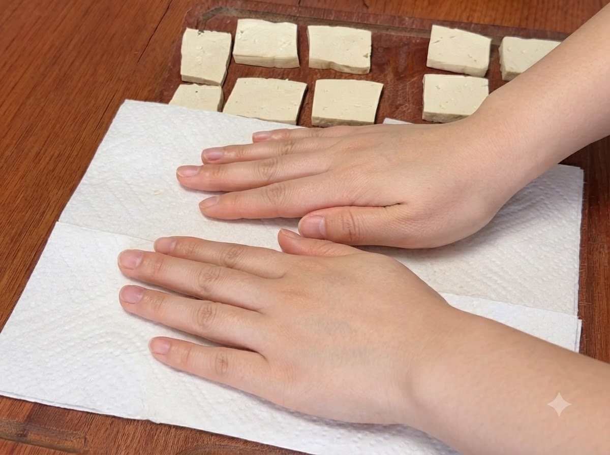 Deux mains appuyant fermement sur du papier essuie-tout blanc recouvrant des tranches de tofu cru sur une planche à découper en bois pour les sécher.