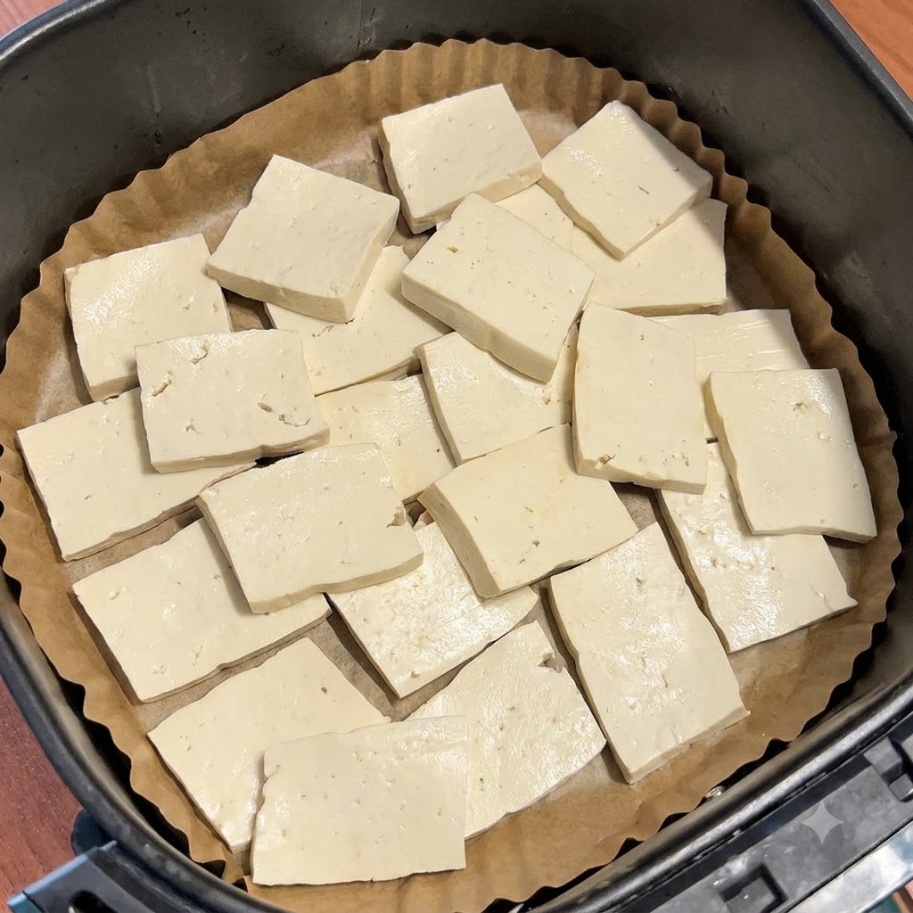 Du tofu ferme cru et tranché disposé à plat sur du papier sulfurisé à lintérieur du panier dune friteuse sans huile.