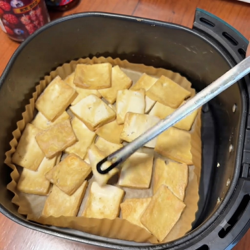 Une pince en métal retournant des tranches de tofu légèrement dorées et partiellement cuites reposant sur du papier sulfurisé dans le panier dune friteuse sans huile.
