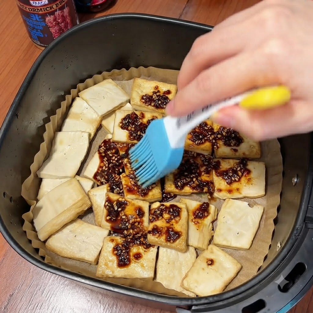 Une main utilisant un pinceau en silicone bleu pour étaler une sauce rouge foncée au piment et au sésame sur des tranches de tofu retournées dans une friteuse sans huile.