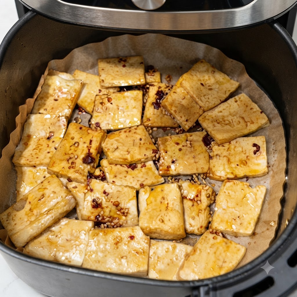 Tranches de tofu dans le panier dune friteuse sans huile en train dêtre vaporisées dhuile avant la dernière étape de cuisson.