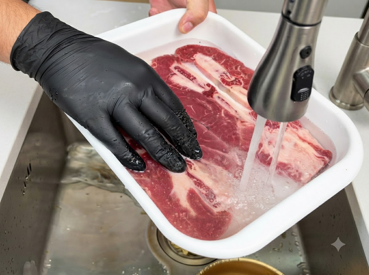 Des mains gantées lavant des travers de bœuf crus avec os immergés dans un récipient blanc rempli deau sous un robinet.