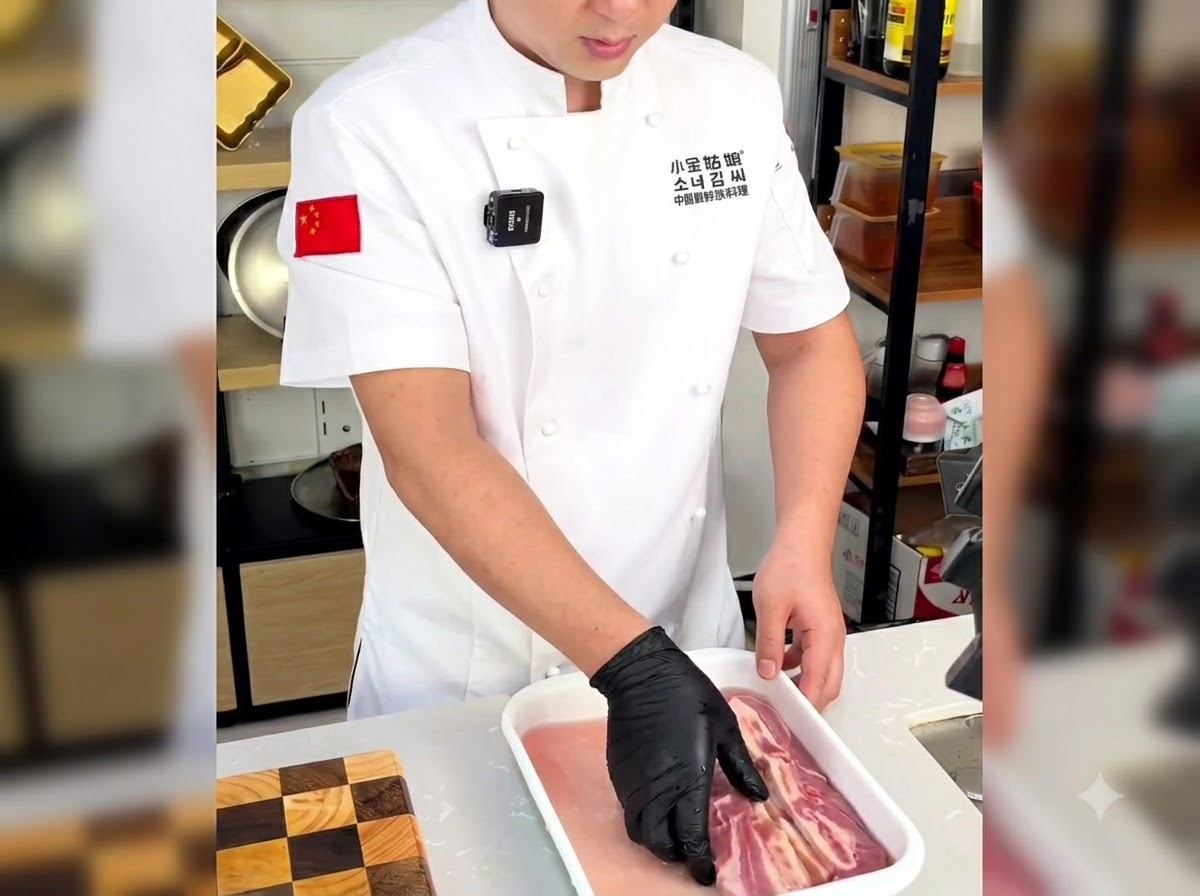 Une main gantée rinçant soigneusement les travers de bœuf avec os dans un bac deau pour nettoyer lexcès de sang.