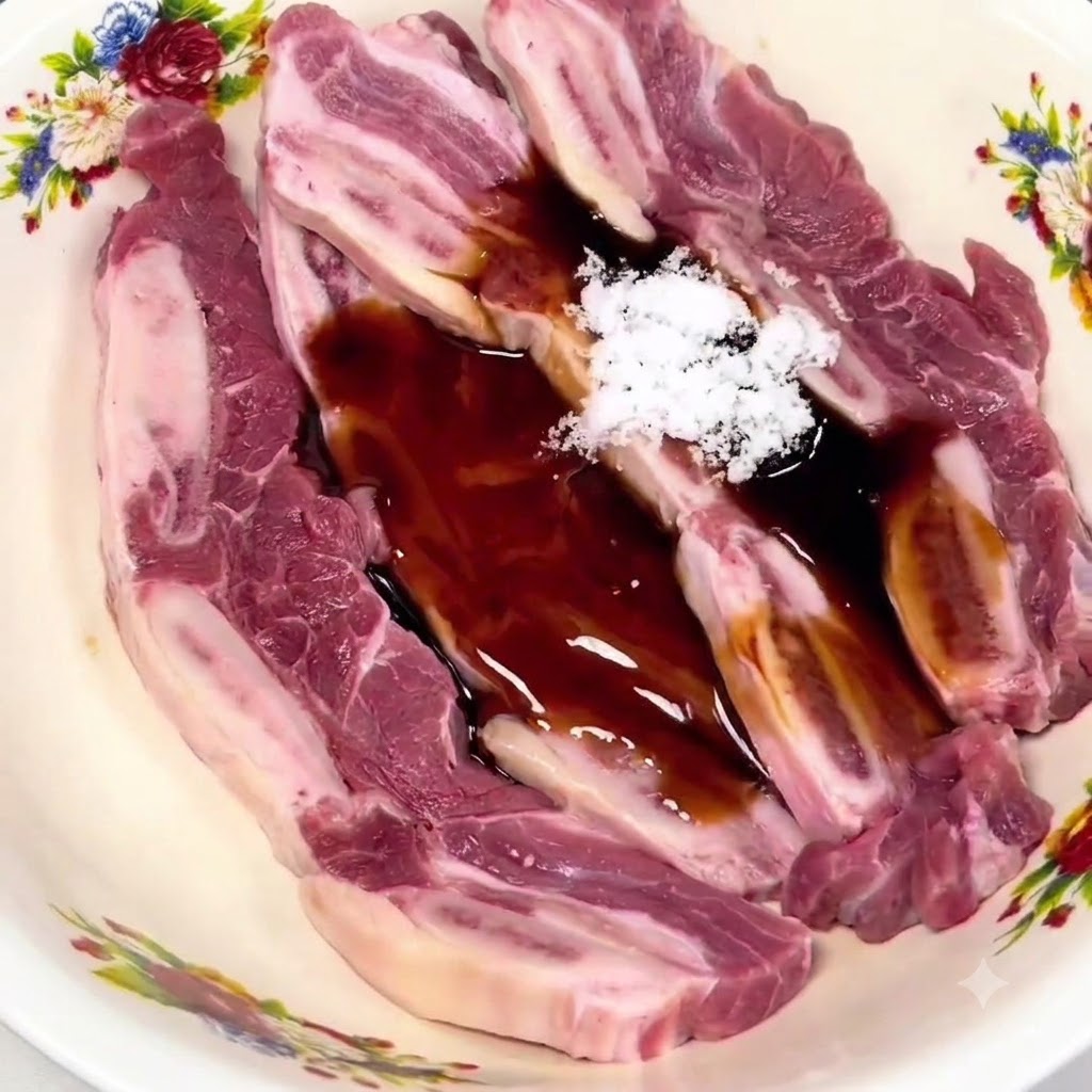 Travers de bœuf crus avec os dans un bol à motifs, recouverts de sauce soja noire, de sucre blanc et de divers assaisonnements liquides.