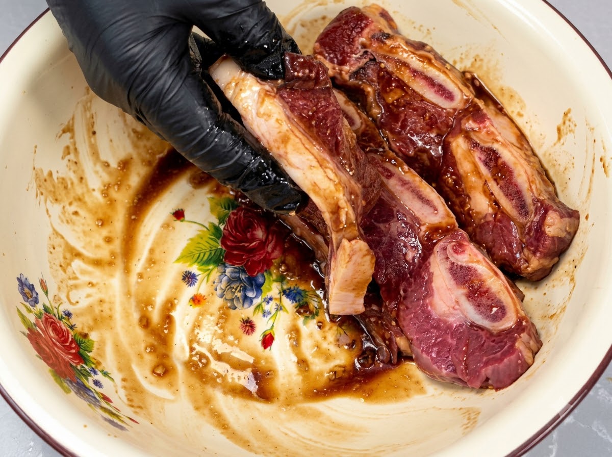 Une main avec un gant noir massant soigneusement une marinade foncée sur des morceaux crus de travers de bœuf avec os dans un bol.