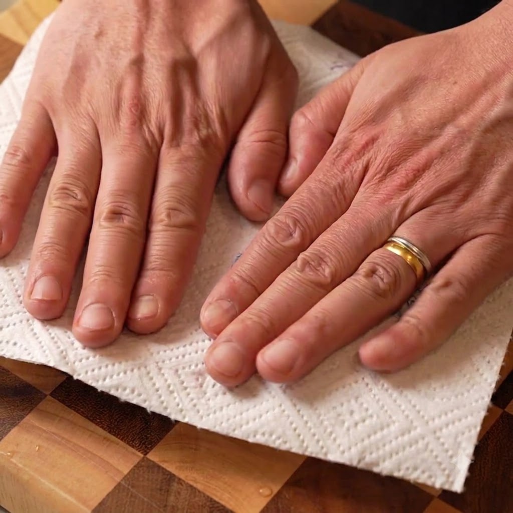 Mains pressant du papier absorbant sur des côtes de bœuf crues posées sur une planche à découper en bois.