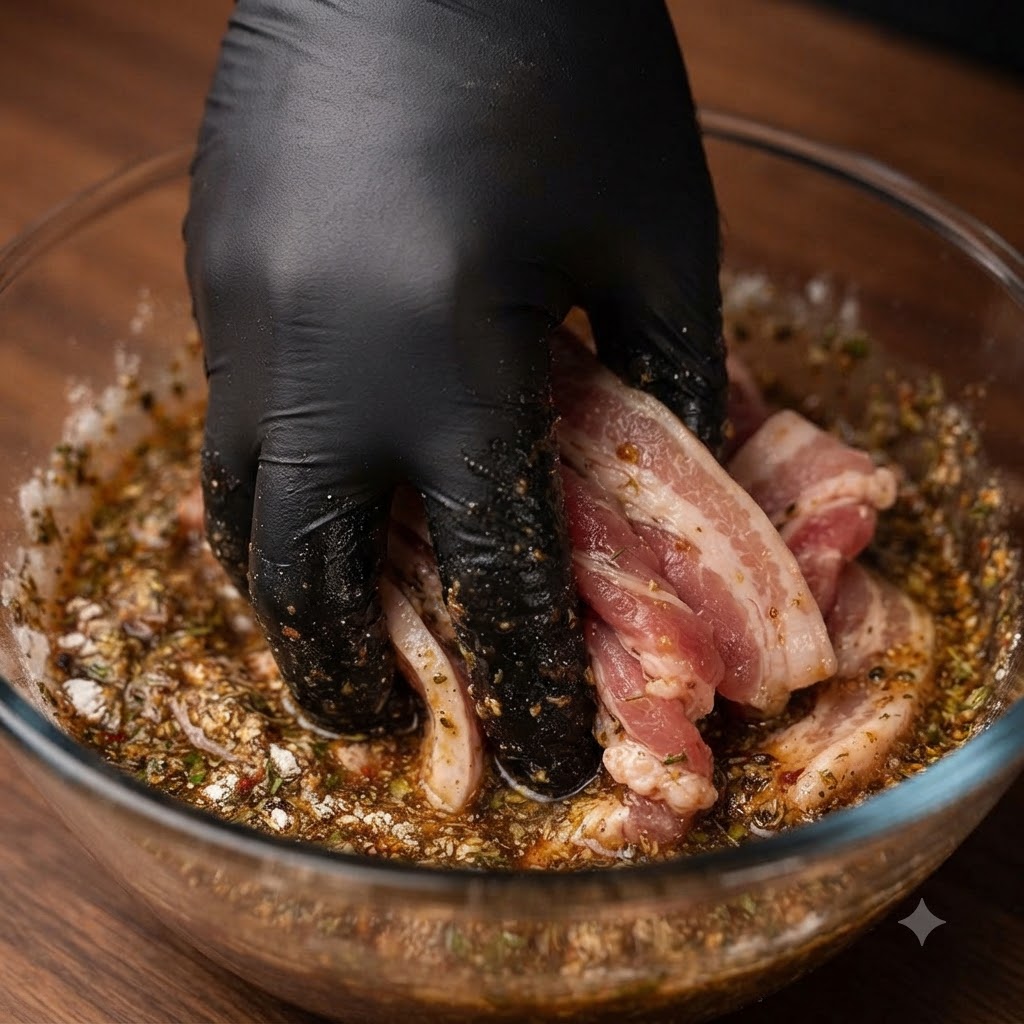 Une main gantée mélangeant des côtes de bœuf crues avec les ingrédients de la marinade dans un bol en verre.