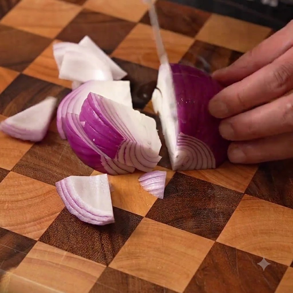 Un oignon coupé en gros morceaux sur une planche à découper en bois avec un couteau.