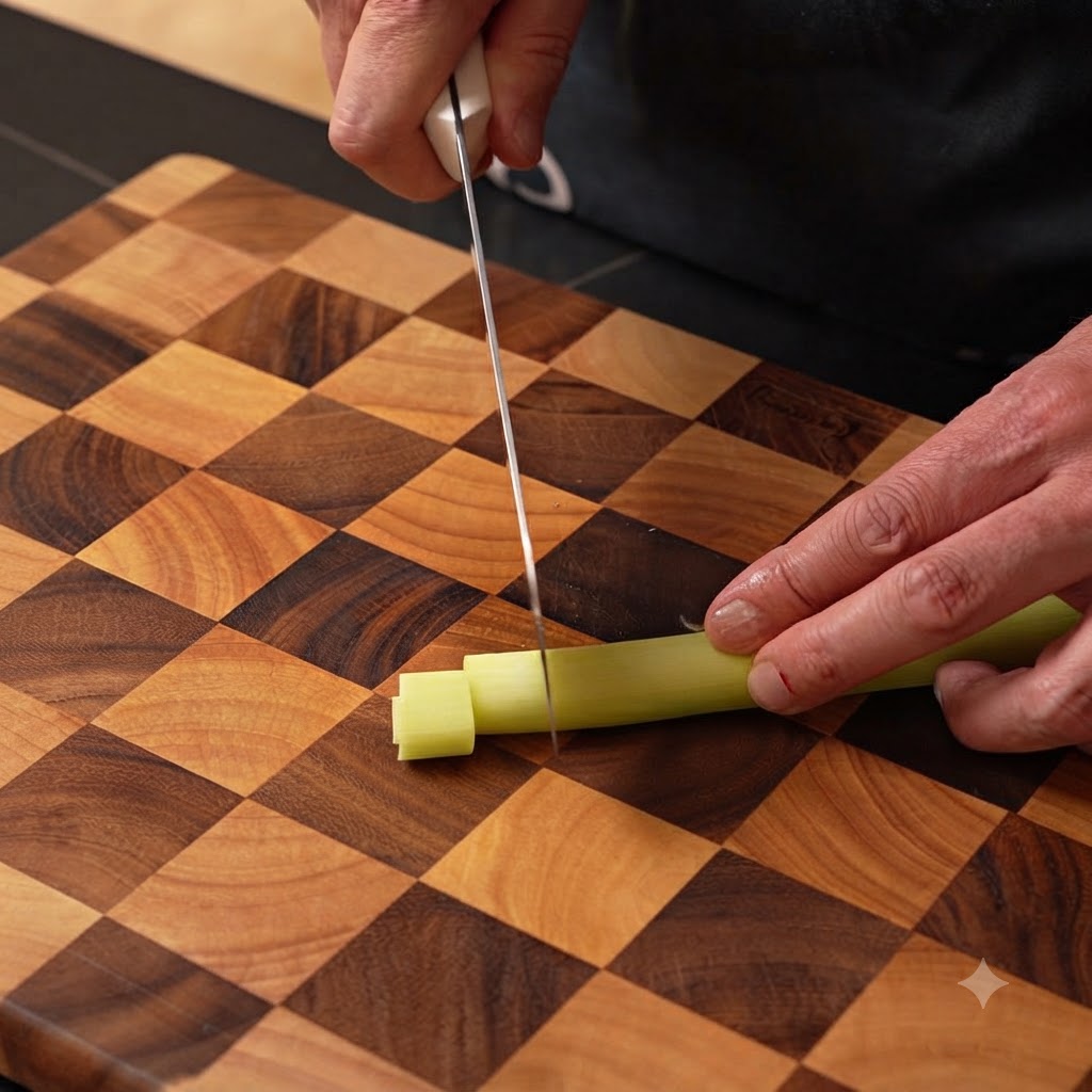 Oignons nouveaux coupés en courtes sections dun centimètre avec un couteau sur une planche à découper.