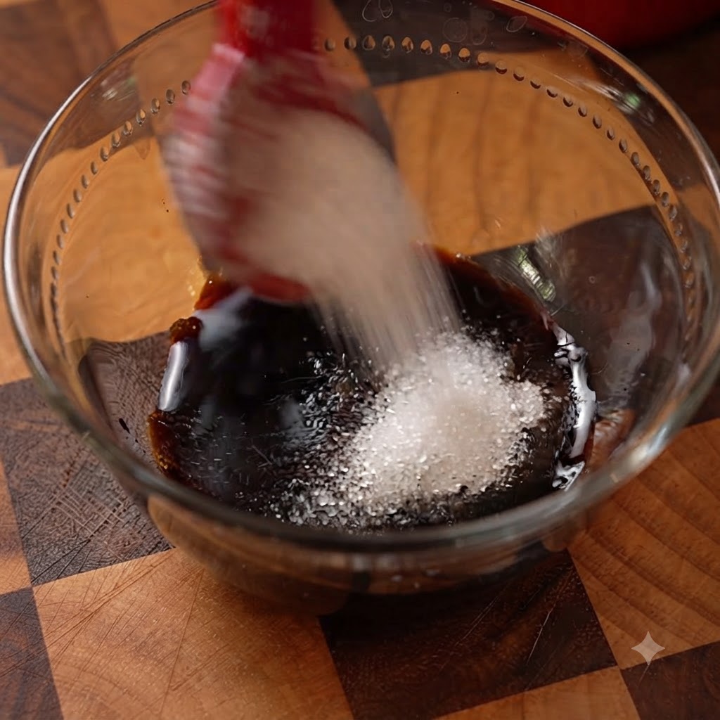 Un petit bol en verre contenant les ingrédients de la sauce au poivre noir pendant quune cuillère rouge verse du sucre dans le mélange.