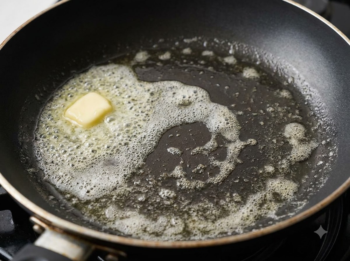 Une petite noisette de beurre en train de fondre et de mousser dans une poêle chaude.