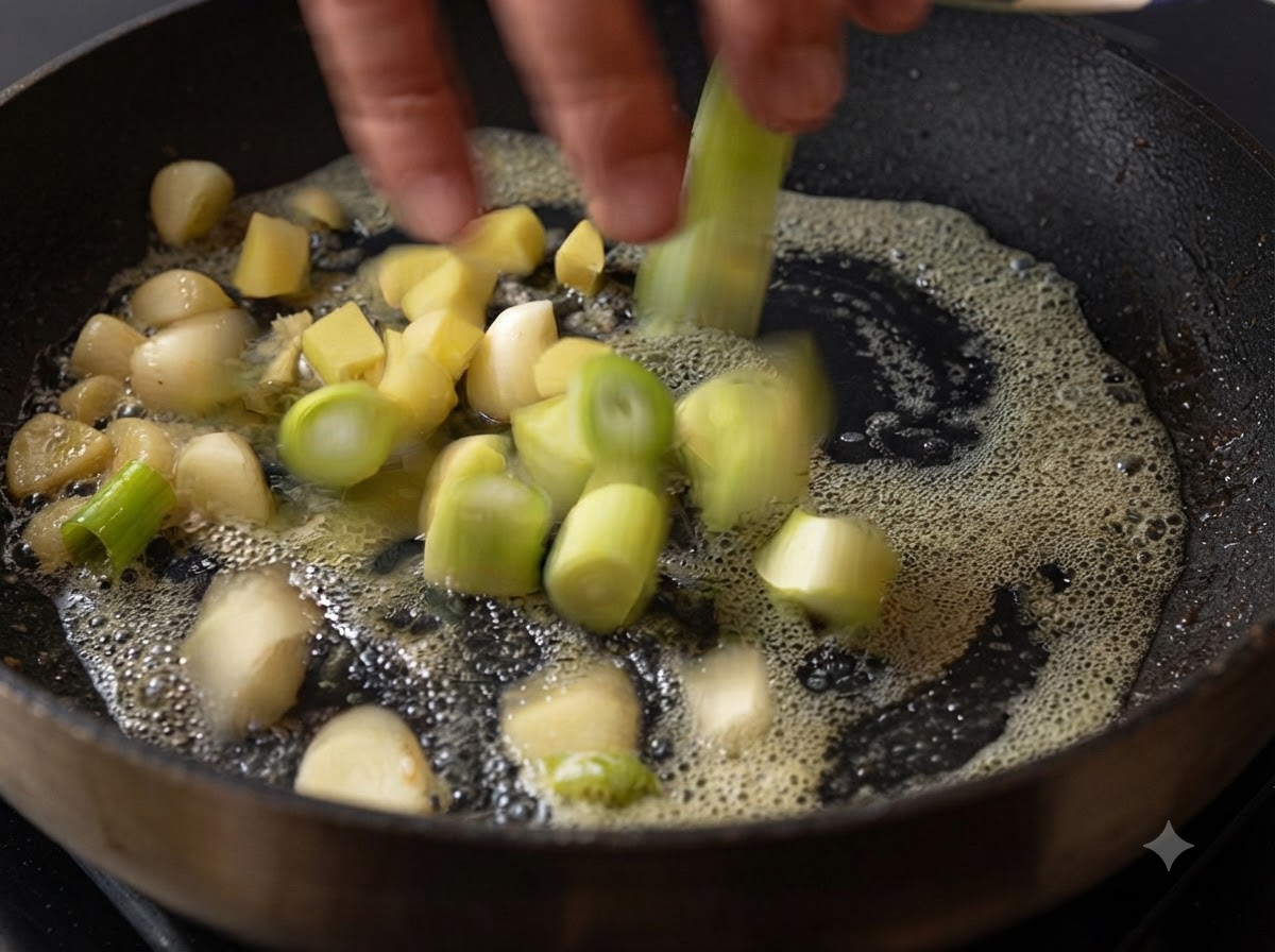 Oignons nouveaux hachés, gousses dail et gingembre émincé ajoutés dans le beurre fondu dune poêle.