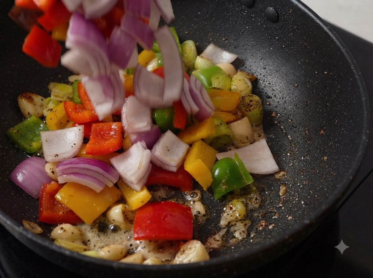 Oignons violets hachés et poivrons multicolores jetés dans une poêle avec des aromates sautés.