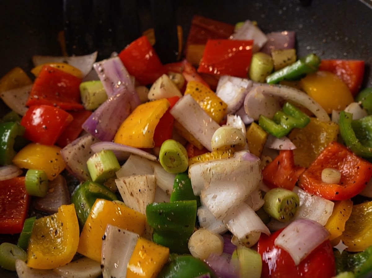 Côtes de bœuf combinées avec des poivrons et des oignons dans une poêle à frire.