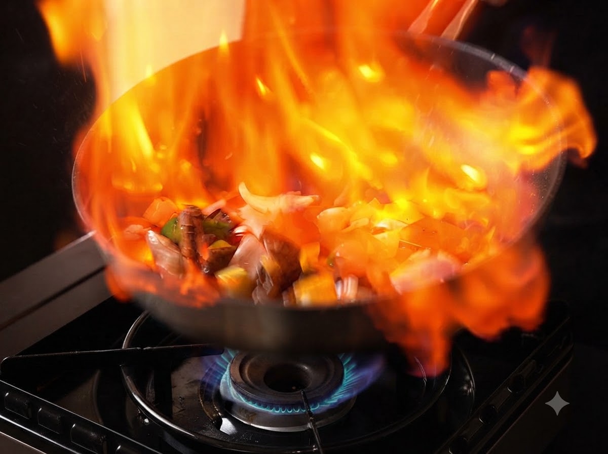 Une grande flamme engloutit la poêle pendant le processus de flambage avec le bœuf et les légumes.