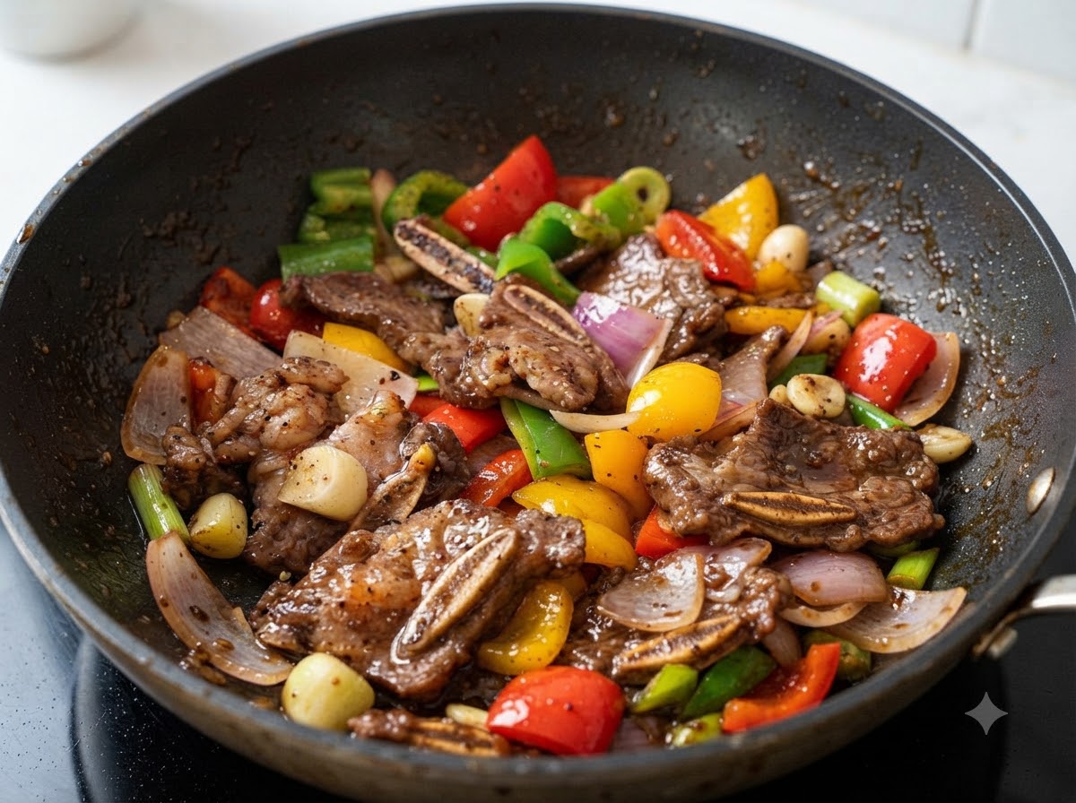 Sauce au poivre noir foncé versée sur les côtes de bœuf et les légumes dans une poêle.