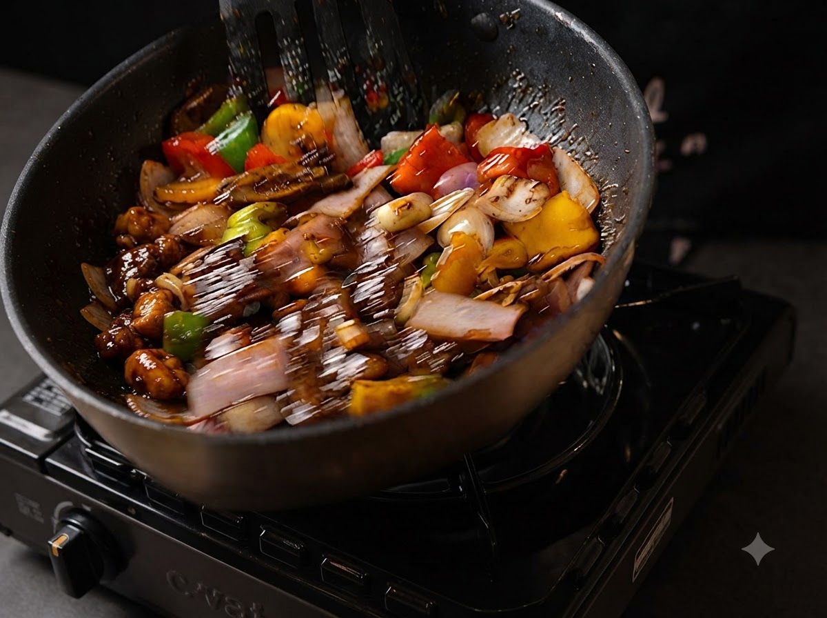 Spatule mélangeant le bœuf et les légumes dans une sauce au poivre noir épaisse et brillante.