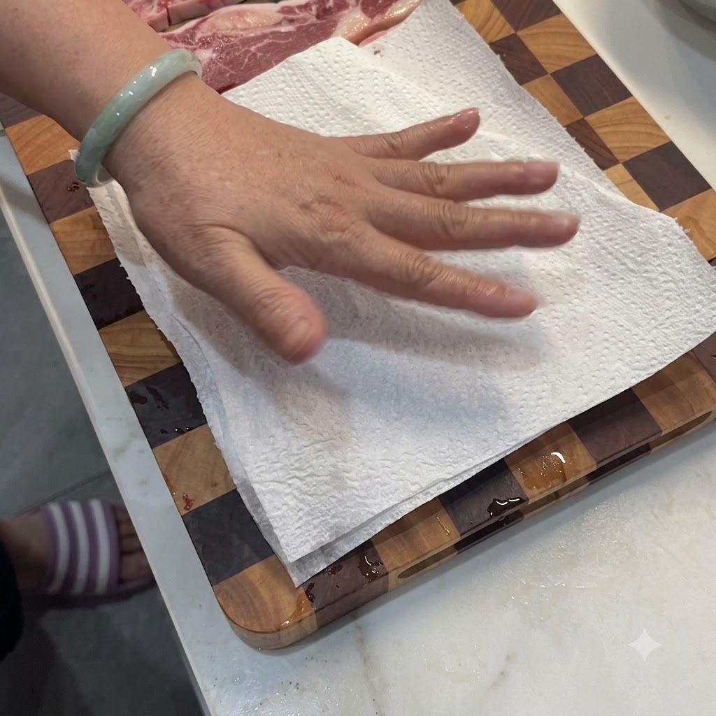 Une personne épongeant lhumidité de travers de bœuf crus avec du papier absorbant sur une planche à découper.