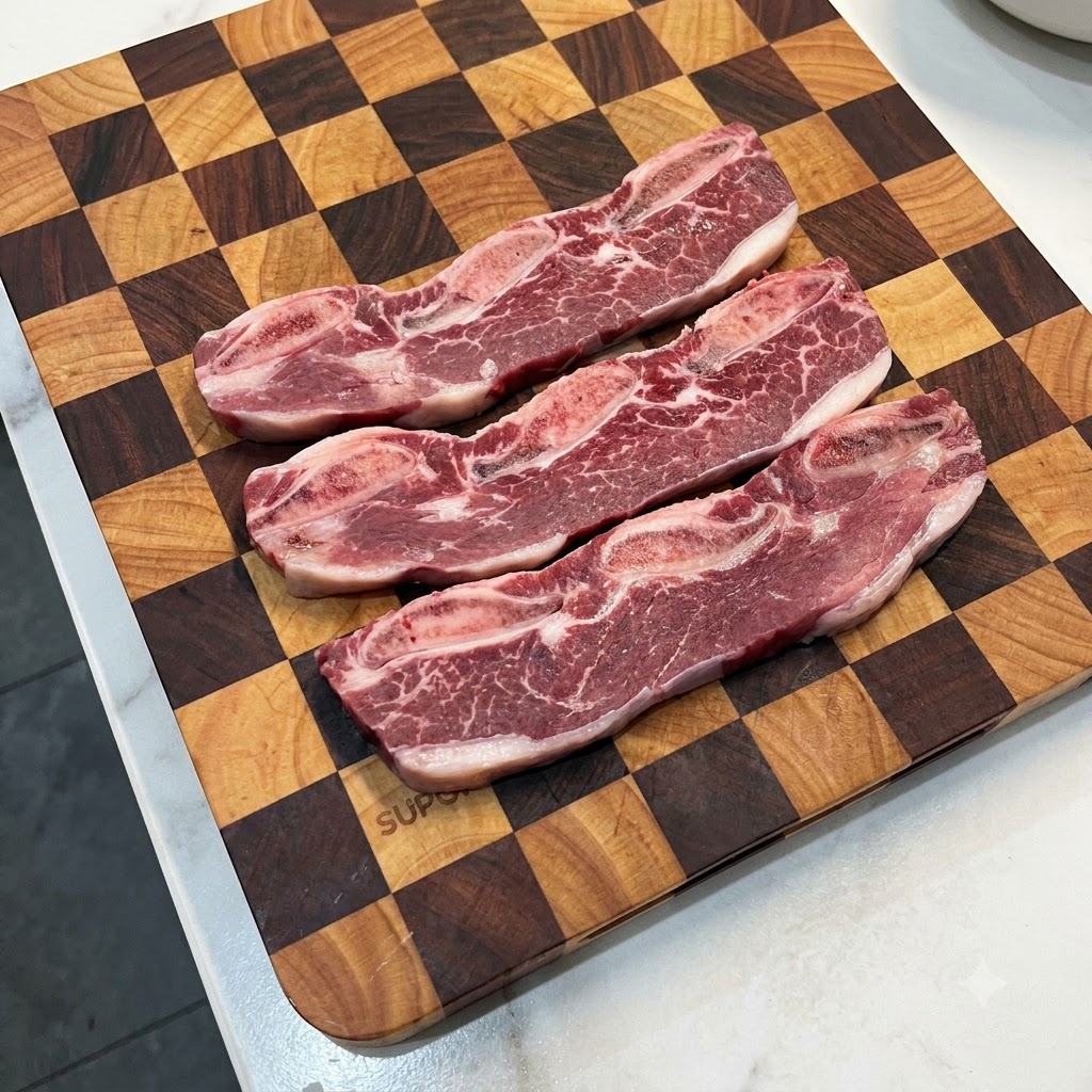 Des morceaux de travers de bœuf crus disposés proprement sur une planche à découper quadrillée en bois.