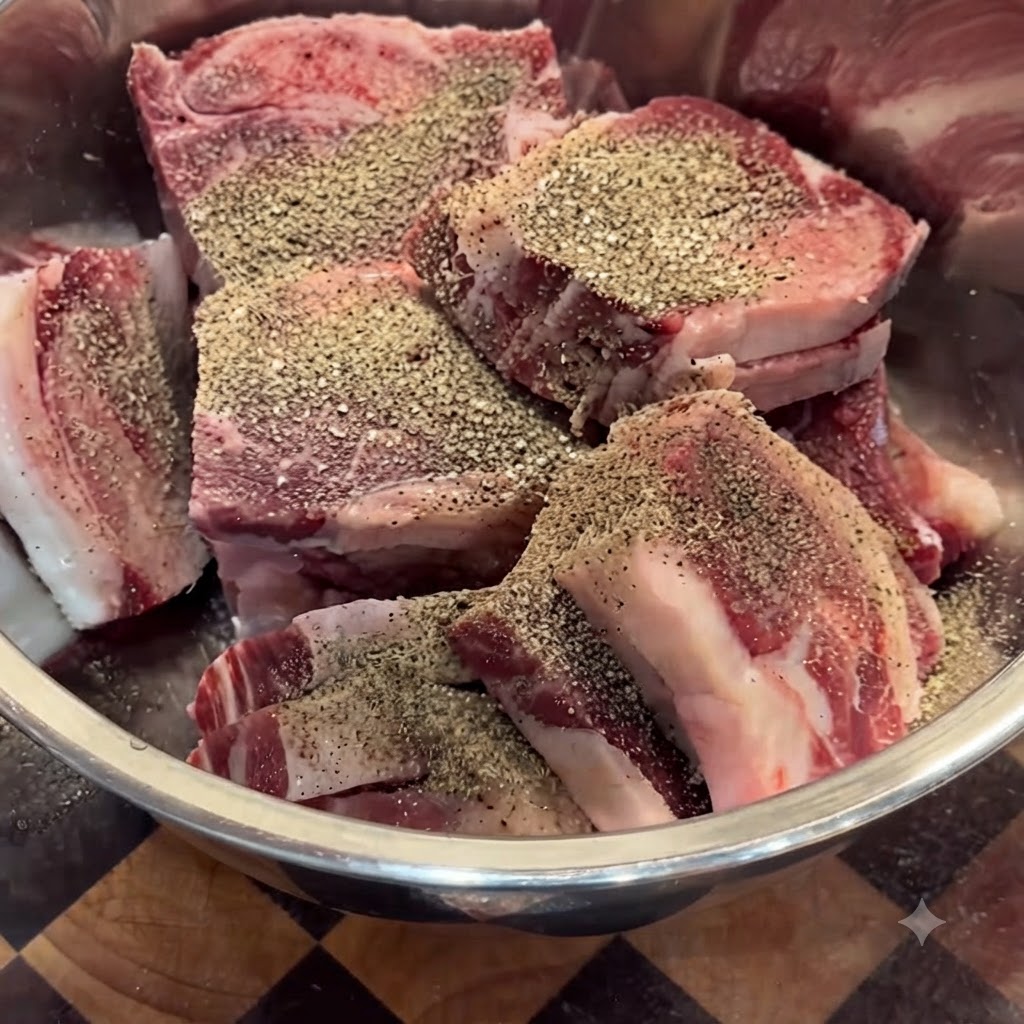 Morceaux de bœuf crus dans un bol en métal généreusement saupoudrés de poivre noir.